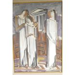 A modernist oil on canvas of three figures, signed Georgio Polykratis and dated 1970, gallery