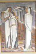 A modernist oil on canvas of three figures, signed Georgio Polykratis and dated 1970, gallery