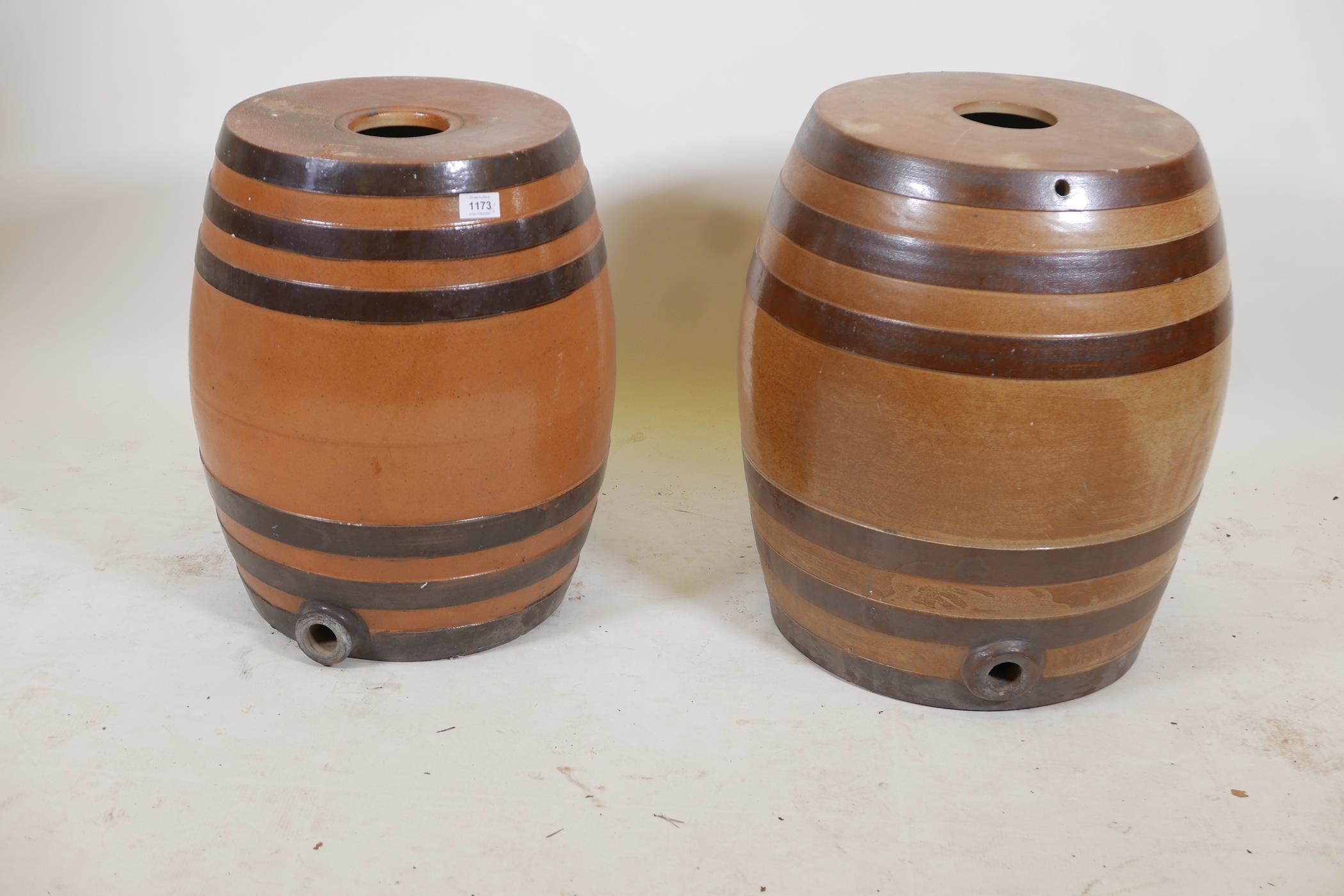 A C19th Doulton Lambeth ten gallon stoneware barrel, impressed maker's mark, 20" high, and a