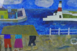 Cornish School, amusing harbour scene, watercolour, 27" x 19½"