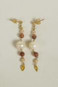 A pair of yellow gold, pearl and goldstone drop earrings, 2" drop