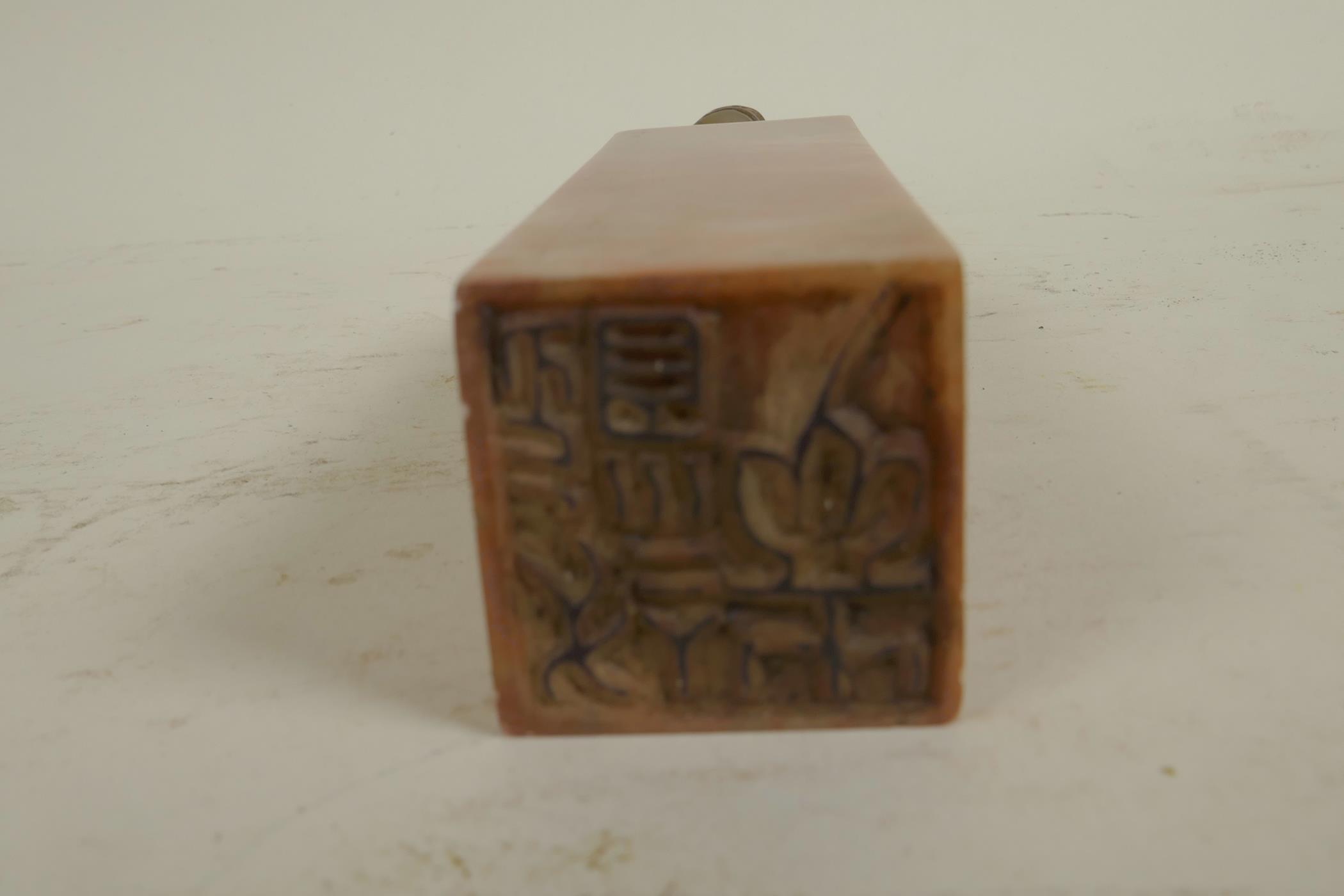 A square section Chinese carved soapstone seal, the top carved as a fo dog, 6" high - Image 4 of 4