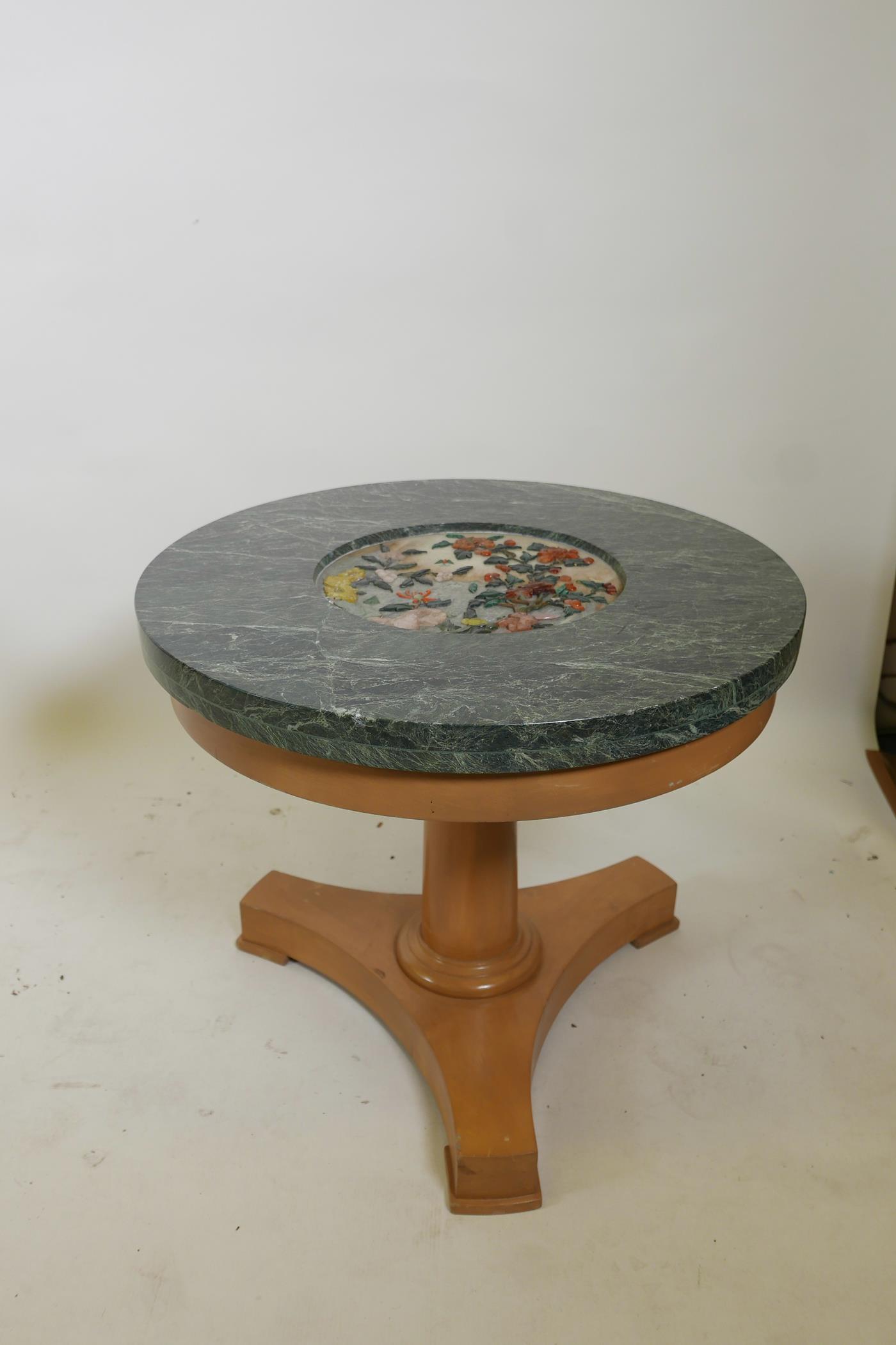 A pair of beechwood occasional tables with vert de mer marble top inset with pietra dura decoration, - Image 6 of 7