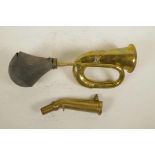 An antique brass car horn, together with a brass petrol pump nozzle/gas can nozzle, 14" long, A/F