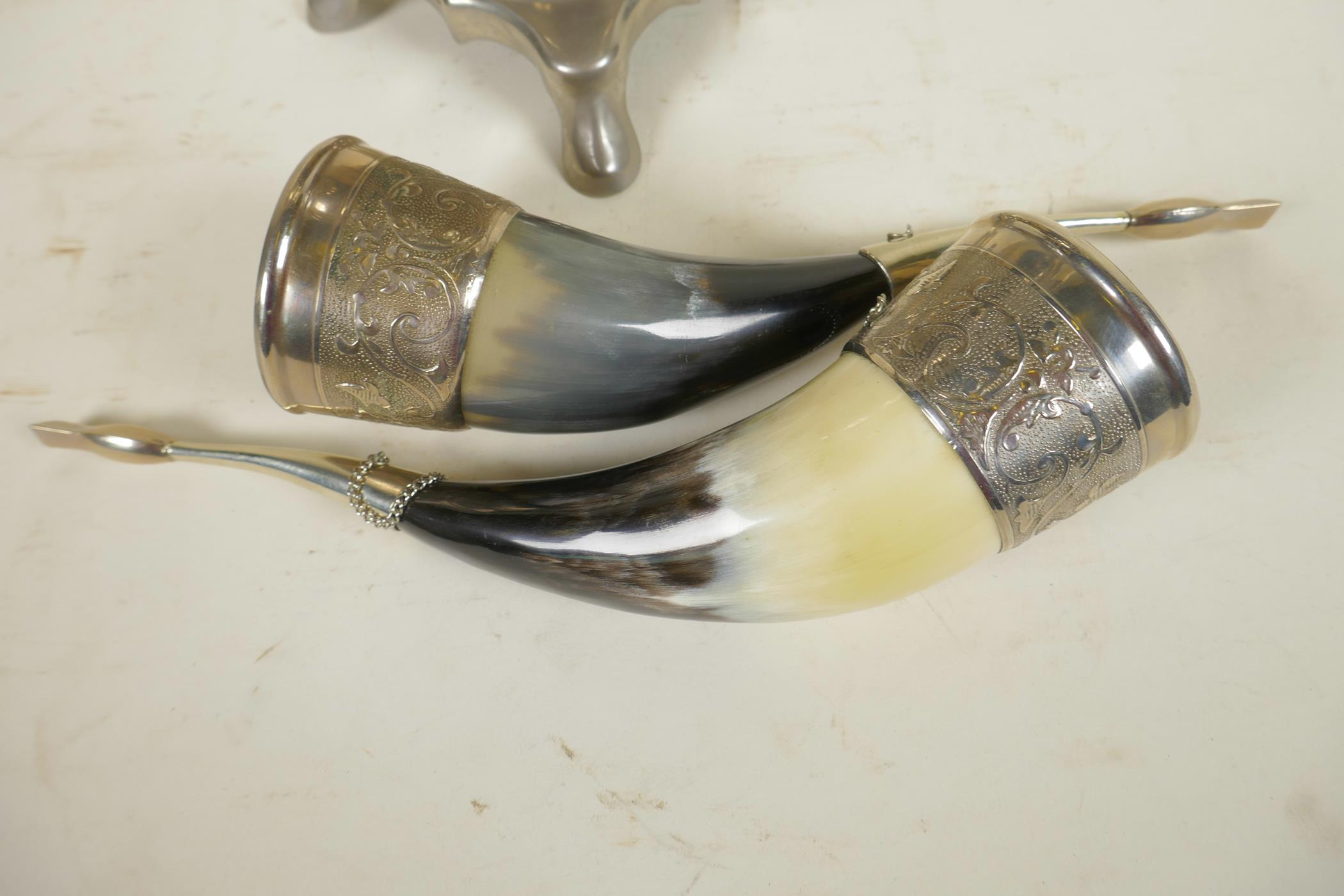 A pair of silver plate mounted horns with scroll decoration, 10" long, together with a silver plated - Image 4 of 4