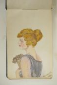 An early C20th autograph book containing portrait paintings, sketches and poems