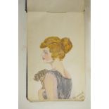 An early C20th autograph book containing portrait paintings, sketches and poems