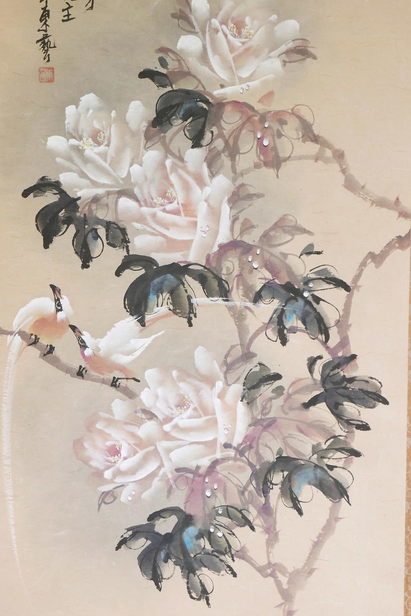 A Chinese painted scroll depicting white roses signed with calligraphy and red seal mark, 41" x 20" - Image 2 of 3