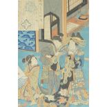 A Japanese colour print of three ladies with script, panel 8½" x 12½"