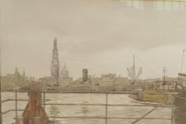 A sepia watercolour of a dock scene in Antwerp, 14" x 10"