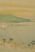A Japanese woodblock print, port scene with red seal mark, 7" x 6½"