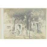 A French sepia etching of a village square in the sunshine, signed in pencil, 5" x 4½"