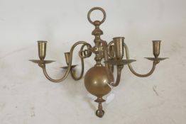 An C18th Dutch style brass five branch chandelier, 19" x 16" deep