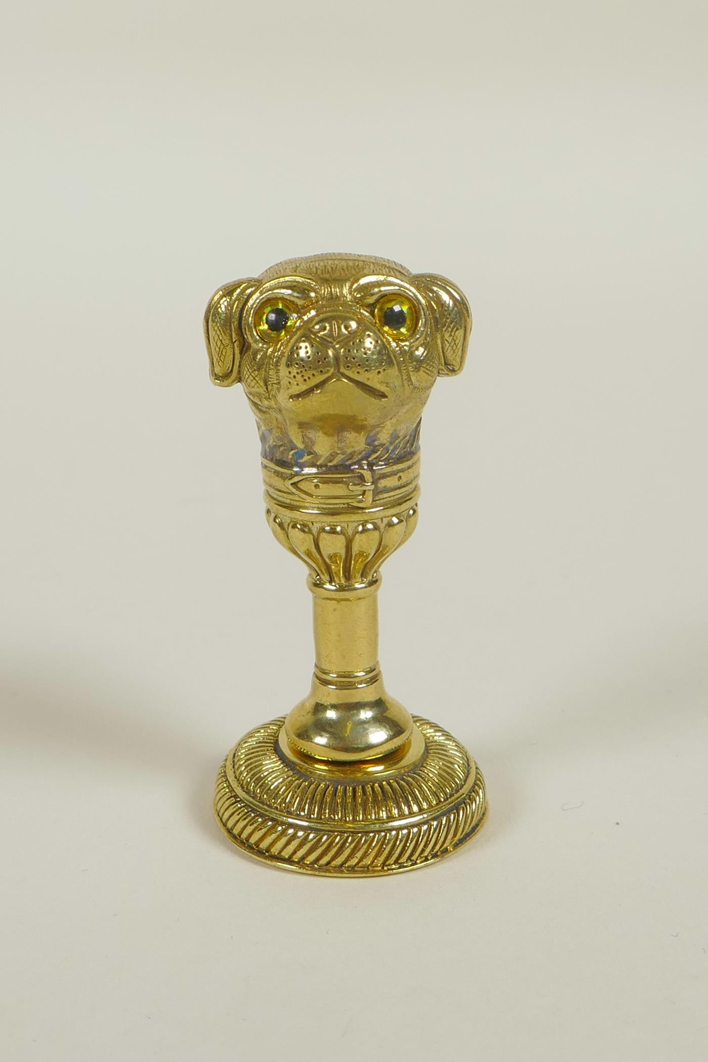 A brass document seal with a handle in the form of a dog, 2" high
