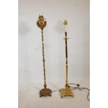 A C19th brass oil floor lamp, with twisted column and repousse reservoirs, converted to electricity,