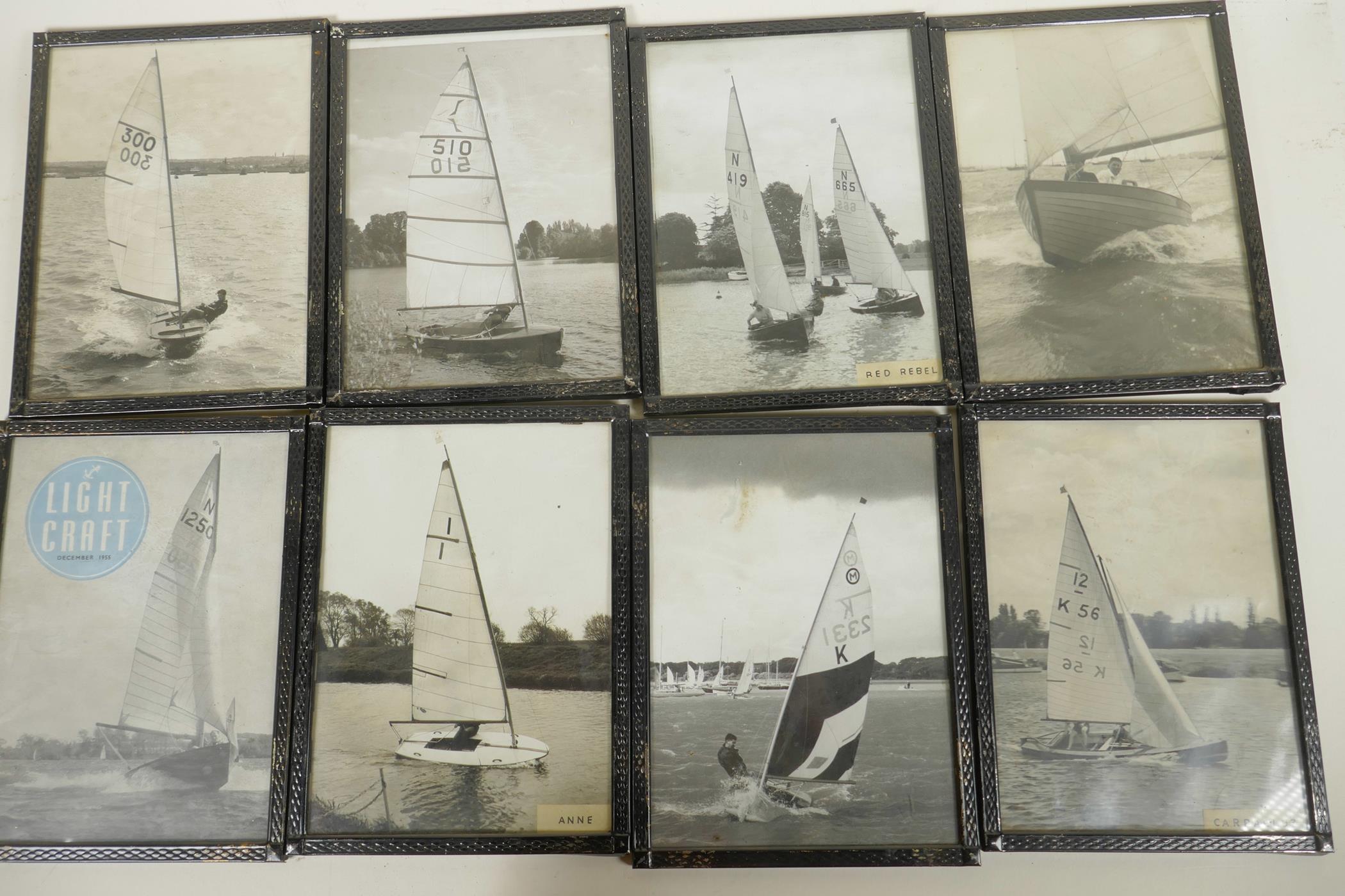 A collection of eight framed photographs of small sailing boats, 6" x 8"