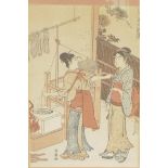 A Japanese colour print, two ladies spinning silk, 7" x 10", signed