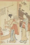 A Japanese colour print, two ladies spinning silk, 7" x 10", signed