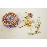 Two Swarovski 'Rose' crystal and gilt flower brooches, a Swarovski pendant, and a micro-mosaic