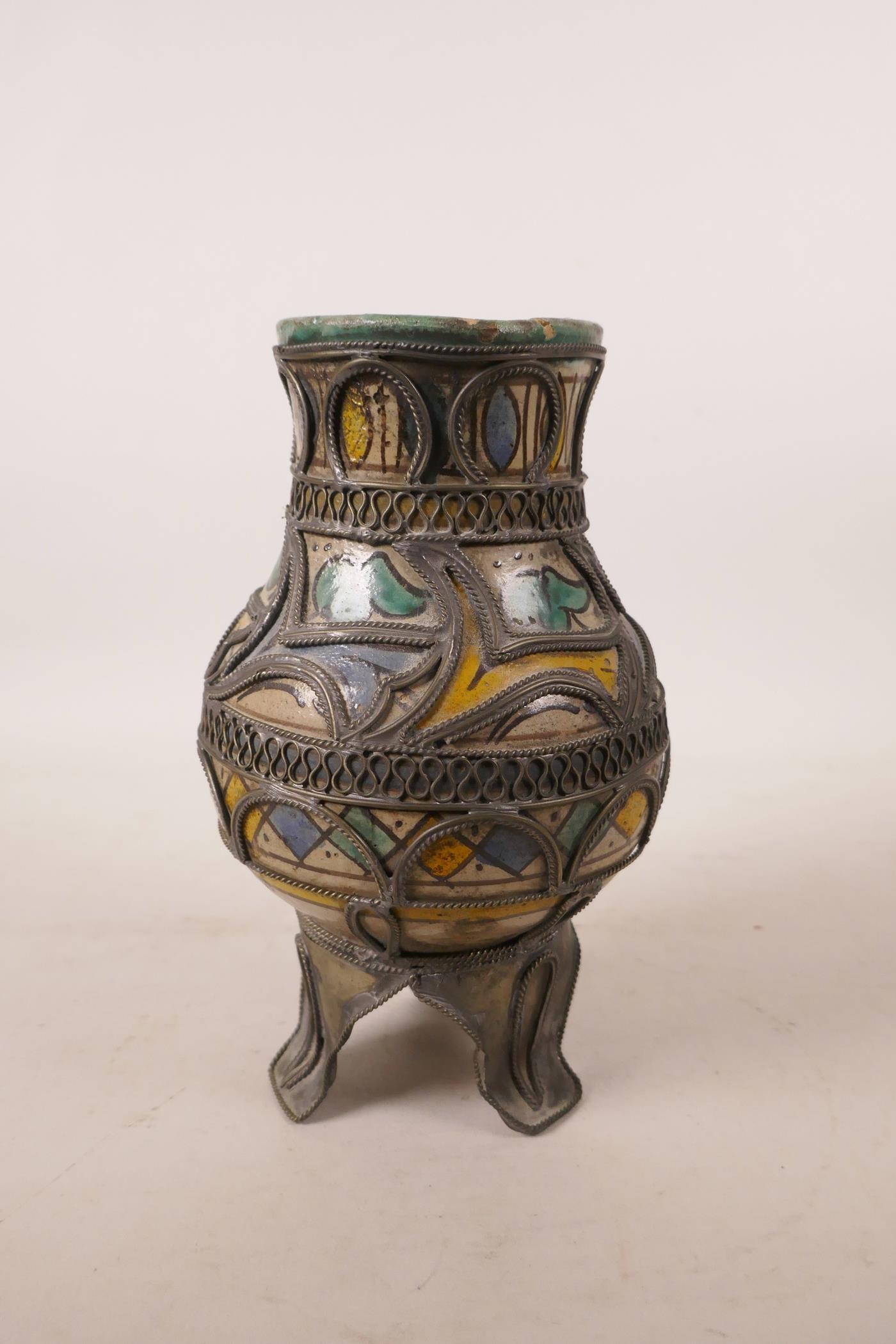 A North African pottery ewer with metal mounts, A/F repair to rim, 7½" high - Image 2 of 7