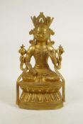 A Sino-Tibetan gilt bronze of Buddha seated in meditation, double vajra mark to base, 11½" high