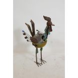 A vintage painted and enamelled steel figure of a cockerel, 25" high, A/F