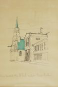 An ink and wash drawing, street scene with church, titled 'View Montreal Rue St Paul', 10/6/69,