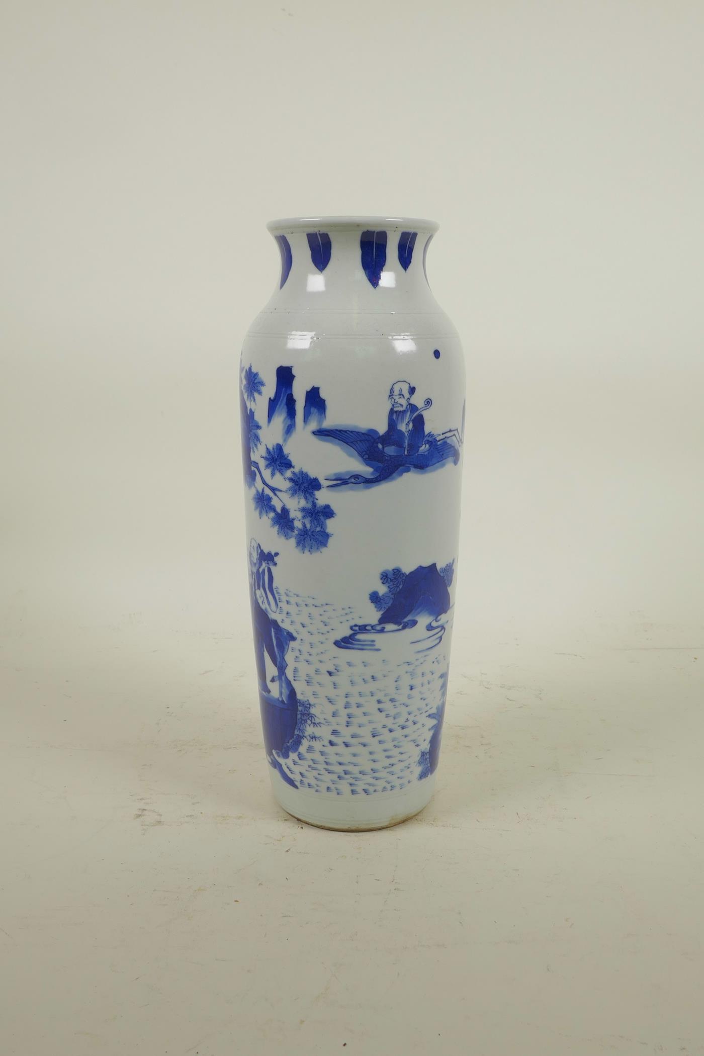 An early C20th Chinese blue and white porcelain vase decorated with figures in a mountain landscape, - Image 2 of 4