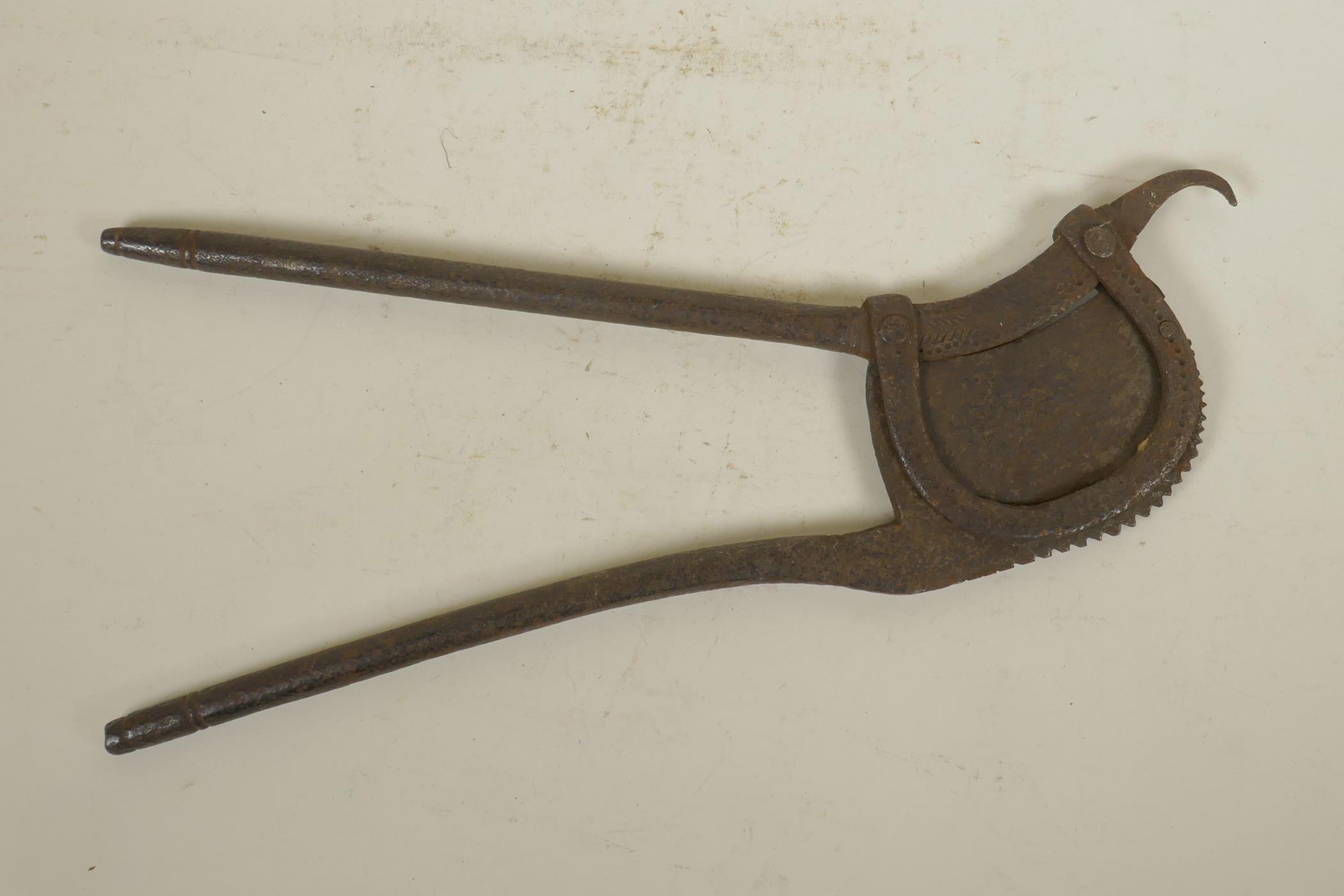 An antique Indian iron betel nut cutter, together with a metal oil ladle, 16" longest - Image 3 of 4