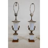 A pair of opaline glass and gilt metal mounted table lamps, one A/F broken top, 17" high with shade,