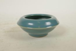 A Chinese teal glazed porcelain dish/pot, mark to base, 4" diameter