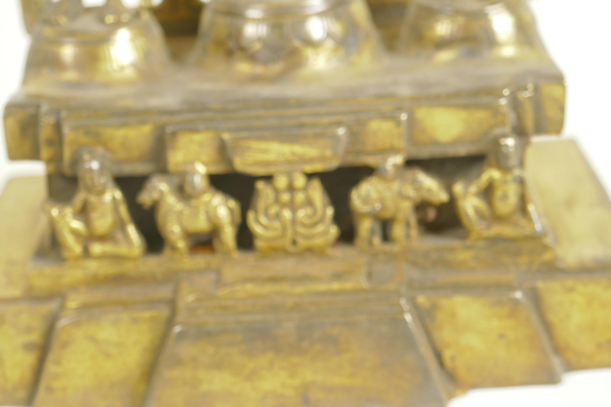 A Chinese gilt bronze figure of three deities standing before a pierced screen decorated with - Image 3 of 5
