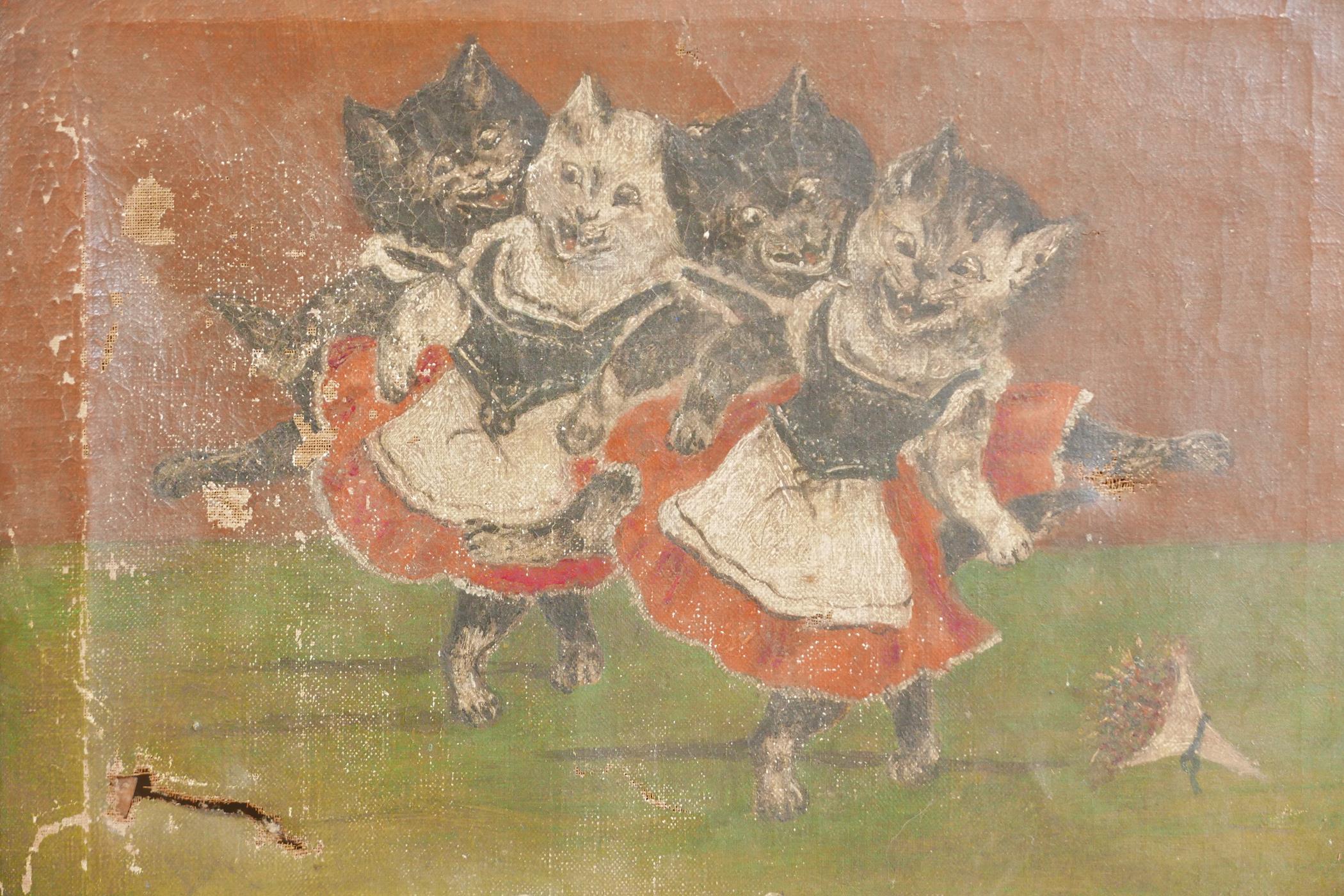 Dancing cats, in the manner of Louis Wain, oil on canvas, unsigned, late C19th/early C20th, A/F, 14" - Image 2 of 3