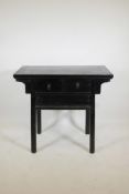 A Chinese lacquered wood side table with two drawers, 38" x 19½", 34½" long