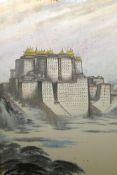 A Chinese watercolour painting of a large Tibetan monastery, possibly the Potala Palace, with