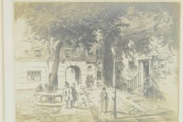 A French sepia etching of a village square in the sunshine, signed in pencil, 5" x 4½"