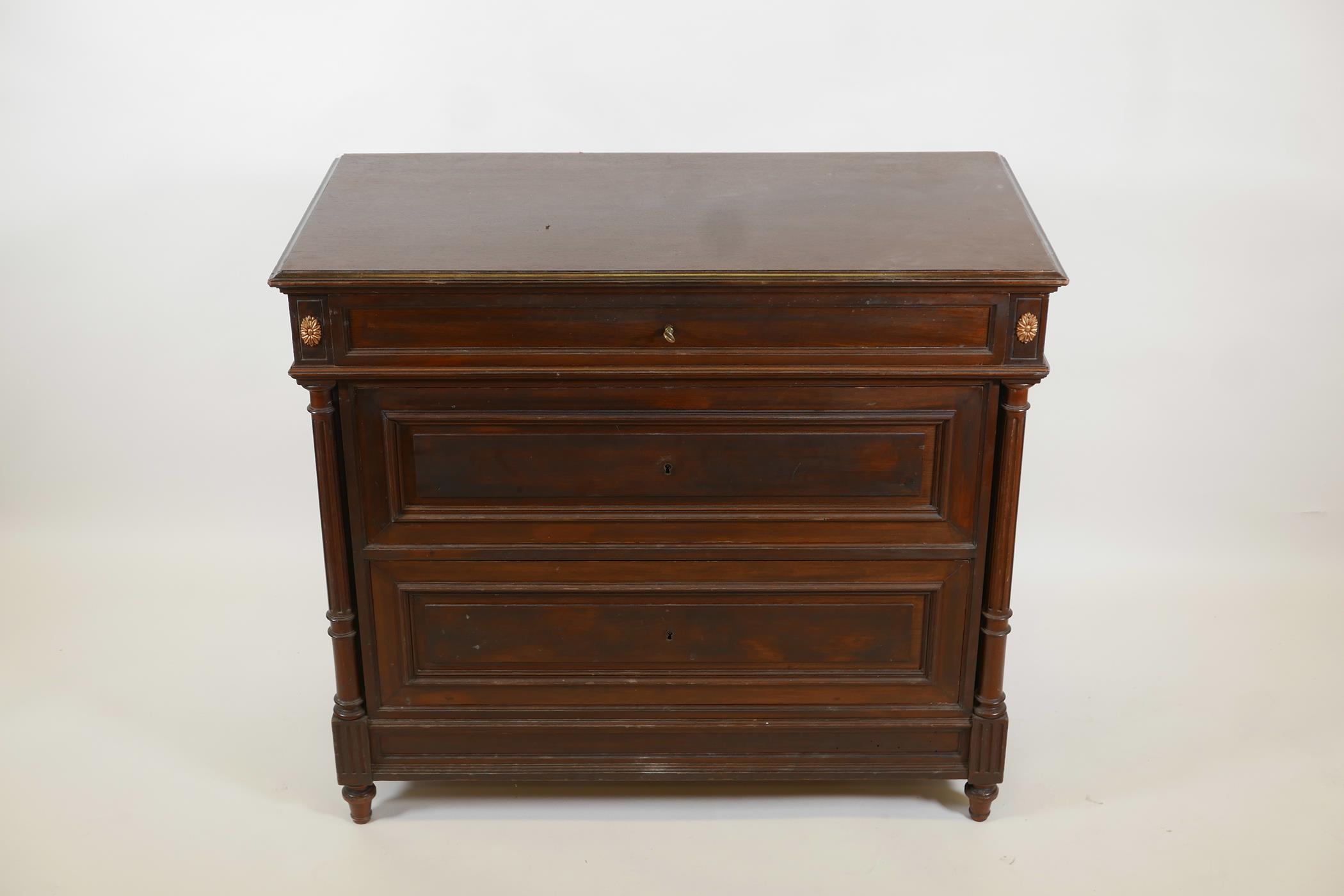 A C19th French mahogany commode with three moulded front drawers flanked by fluted columns, raised - Image 2 of 2