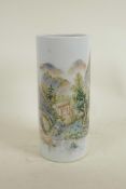 A Chinese Republic porcelain cylinder vase with famille verte decoration depicting a mountain