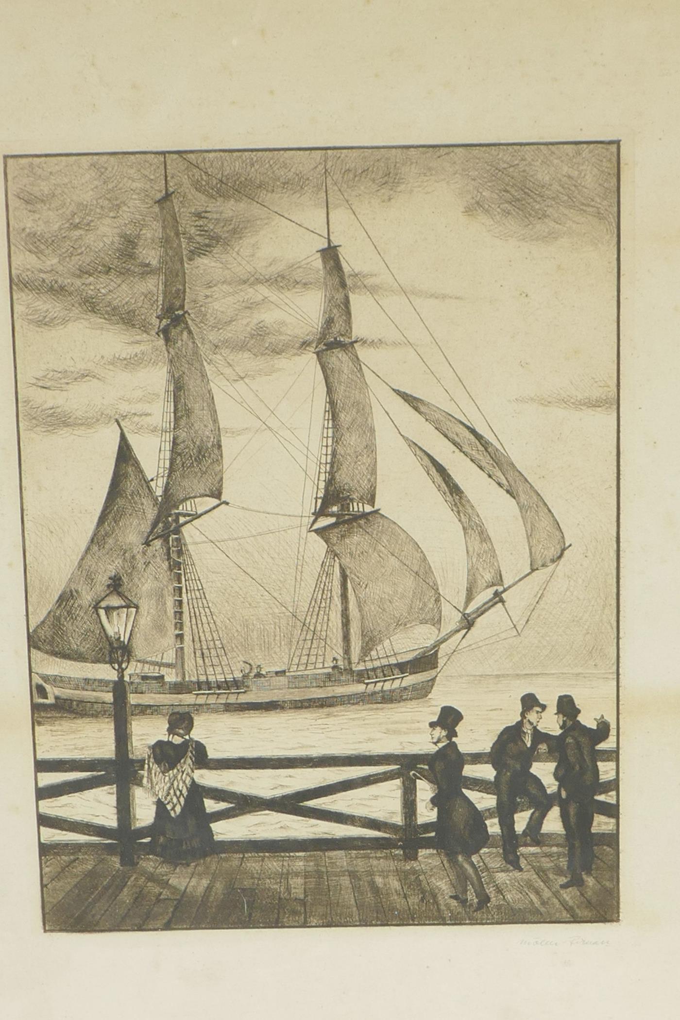 A black and white etching, figures on a dock watching a Baltic sailing cutter, pencil signed - Image 2 of 3