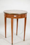 A C19th French inlaid walnut single drawer side table with brass mount and inset marble top, 22"