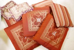 Four Indian silk cushions, 20" x 20", a pair of cushion covers A/F, and two more