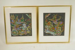 A pair of Indian overpainted prints on linen depicting Hindu deities riding chariots, signed Charna,