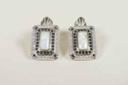 A pair of silver Art Deco style earrings set with an opalite panel encircled by cubic zirconium
