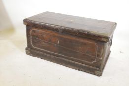 A C19th Indian teak blanket chest, with brass mounts and inlay, fitted with two candle boxes and