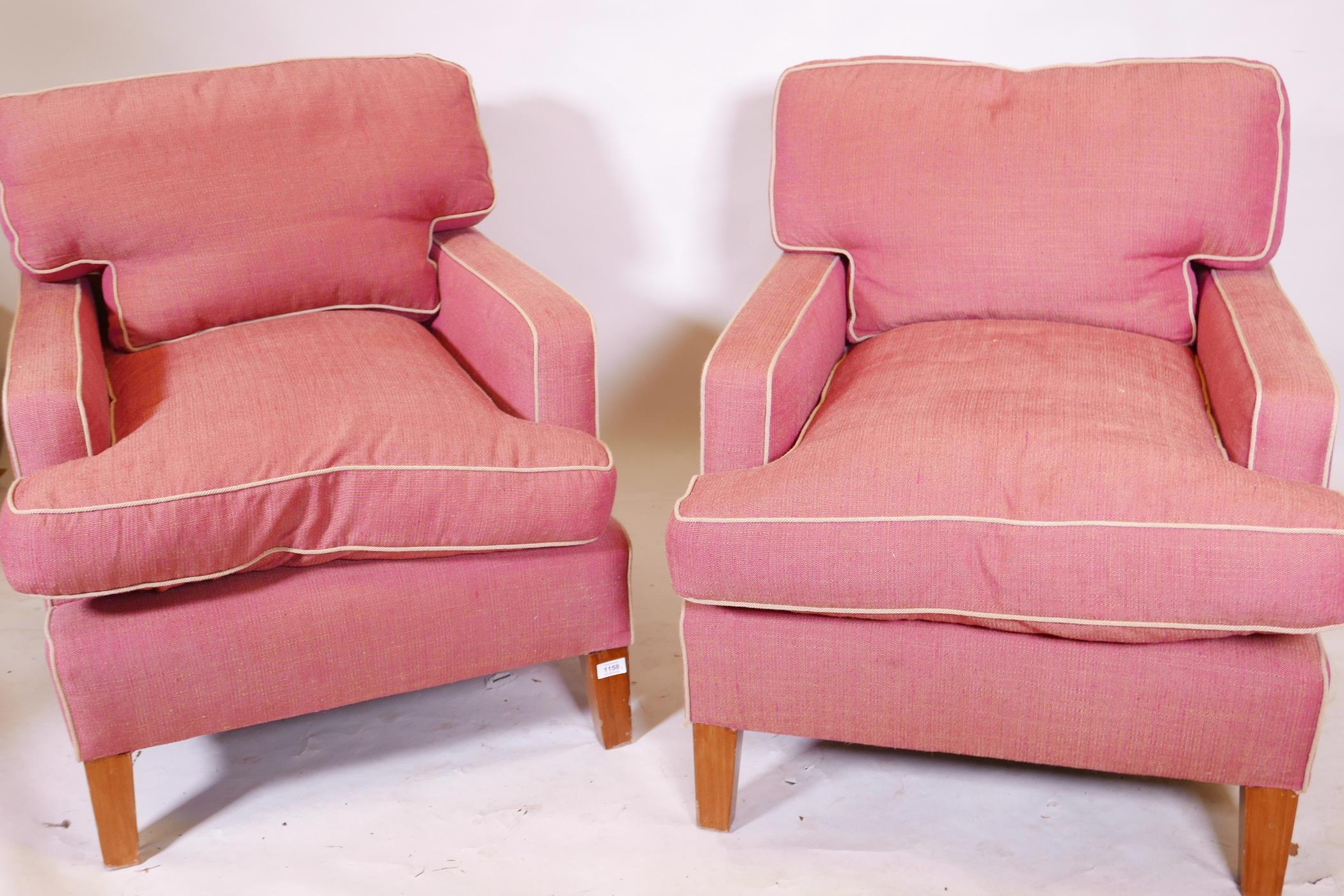 A pair of deep back contemporary armchairs, raised on tapering supports, each with a footstool, - Image 3 of 4