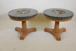 A pair of beechwood occasional tables with vert de mer marble top inset with pietra dura decoration,