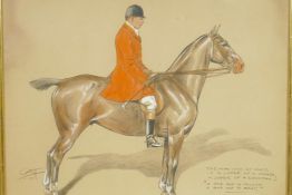 An early C20th hand coloured print, portrait of a gentleman on a horse, 14" x 15"