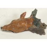 A cold painted bronze letter clip cast as a fox head, 6" long