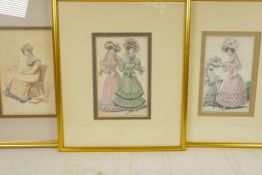 Three framed, hand coloured C19th French fashion engravings, each 4" x 6½"