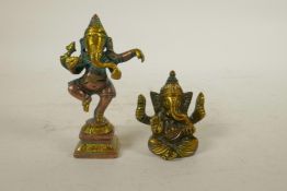 An Indian brass figure of Ganesh and another similar, 4½" high